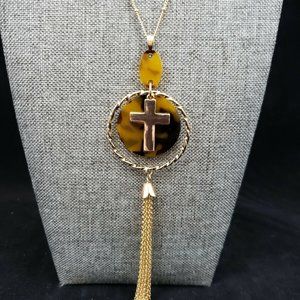 C1946 Cross, Calico and Rose Gold Tone Necklace